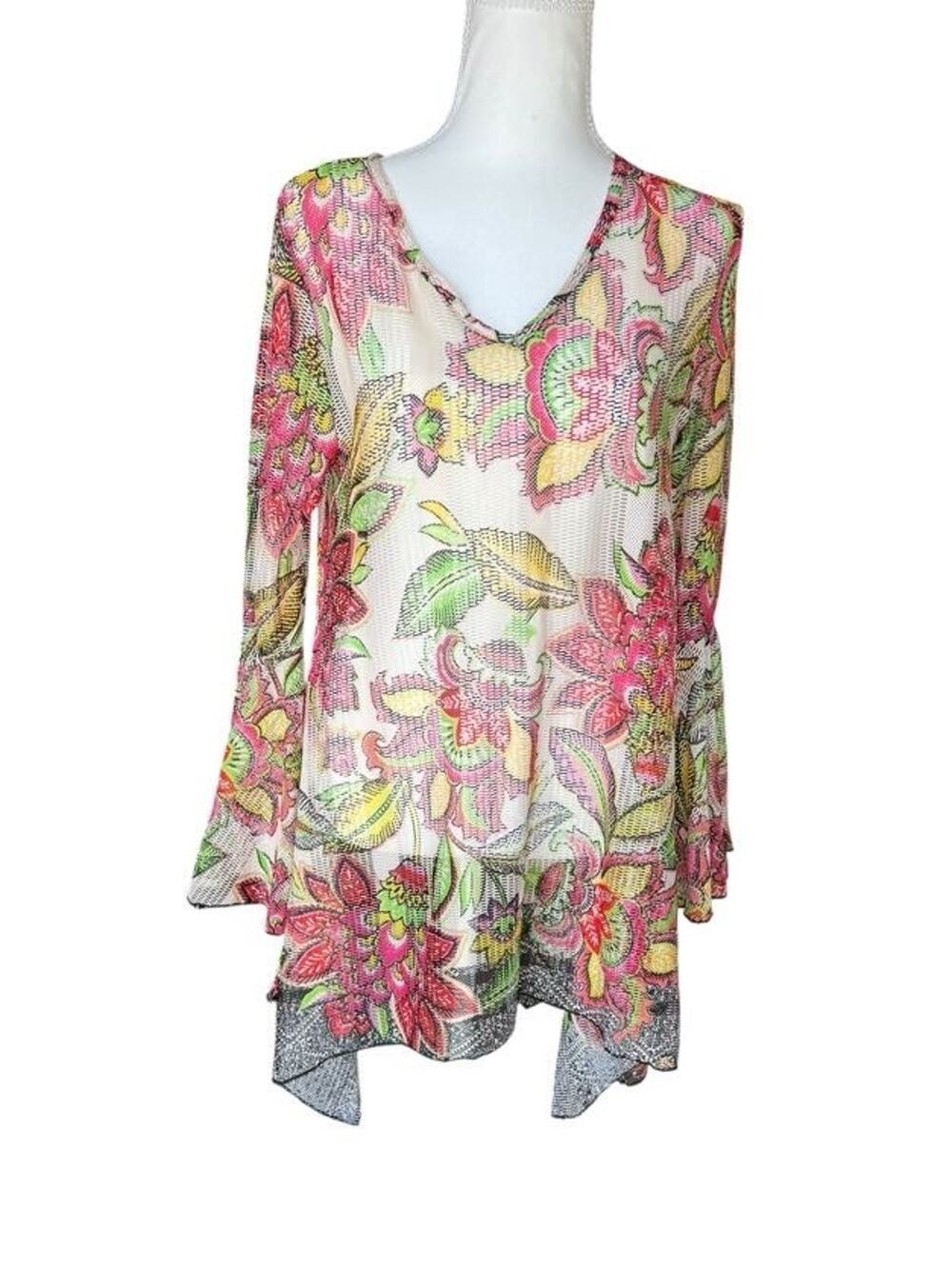 Dor Dor Couture Asymmetrical Hem Open Knit Mesh Long Bell Sleeve Floral Medium